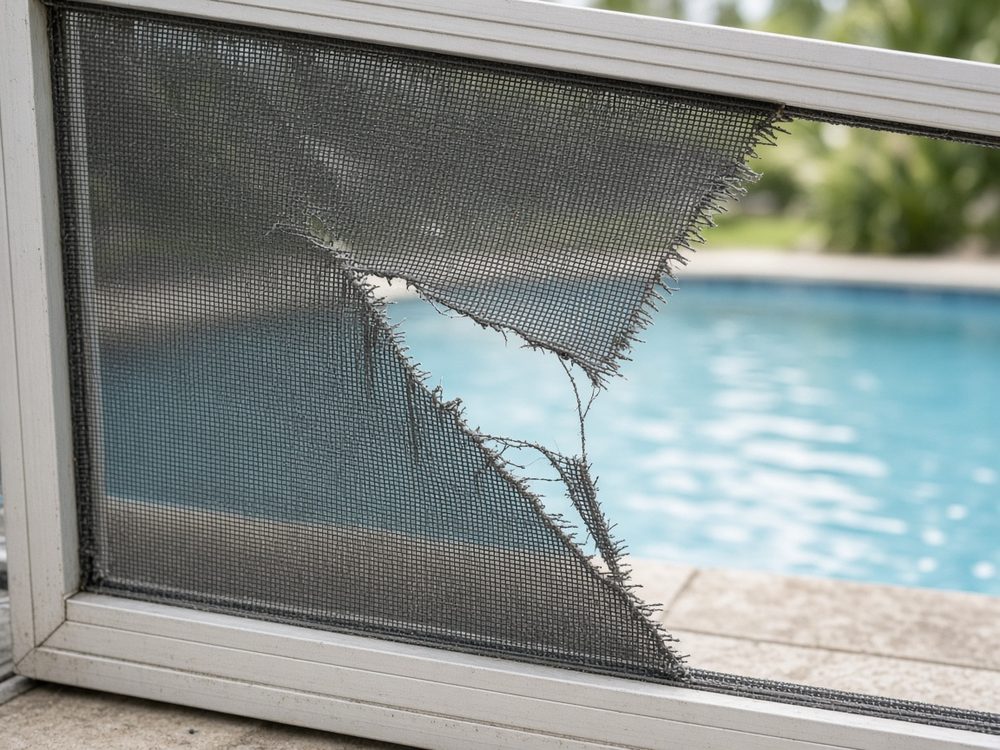 Close-up of a torn pool screen panel on a Central Florida cage